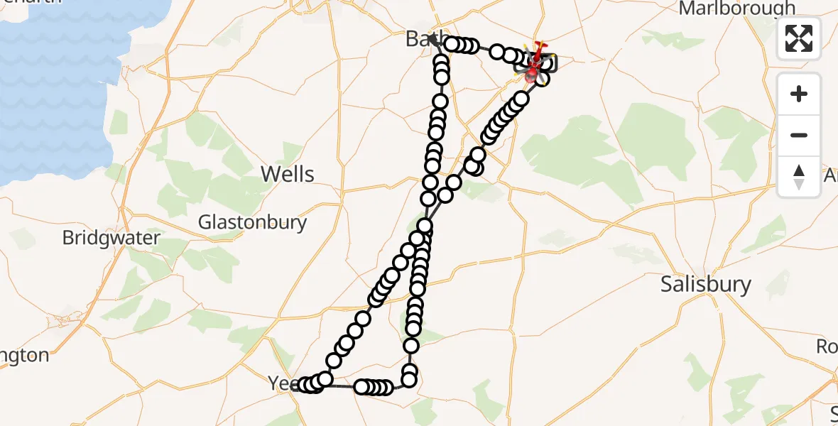 Flight path map showing Air Ambulance Helicopter route from Wiltshire Air Ambulance to Wiltshire Air Ambulance