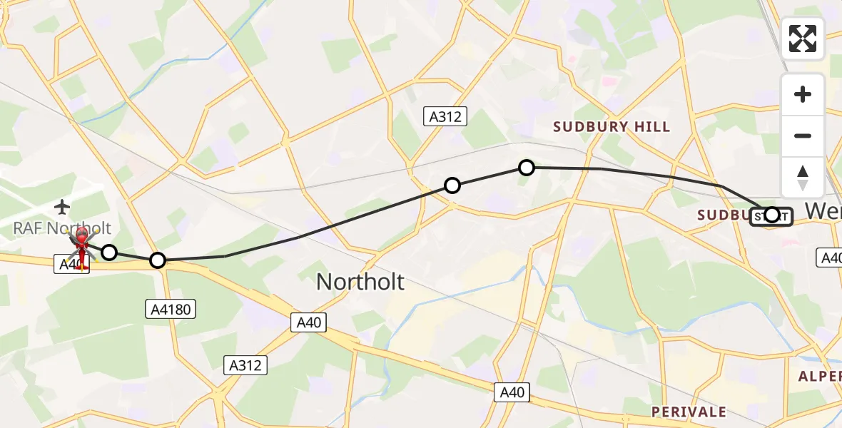 Flight path map showing Air Ambulance Helicopter route from Sudbury to RAF Northolt