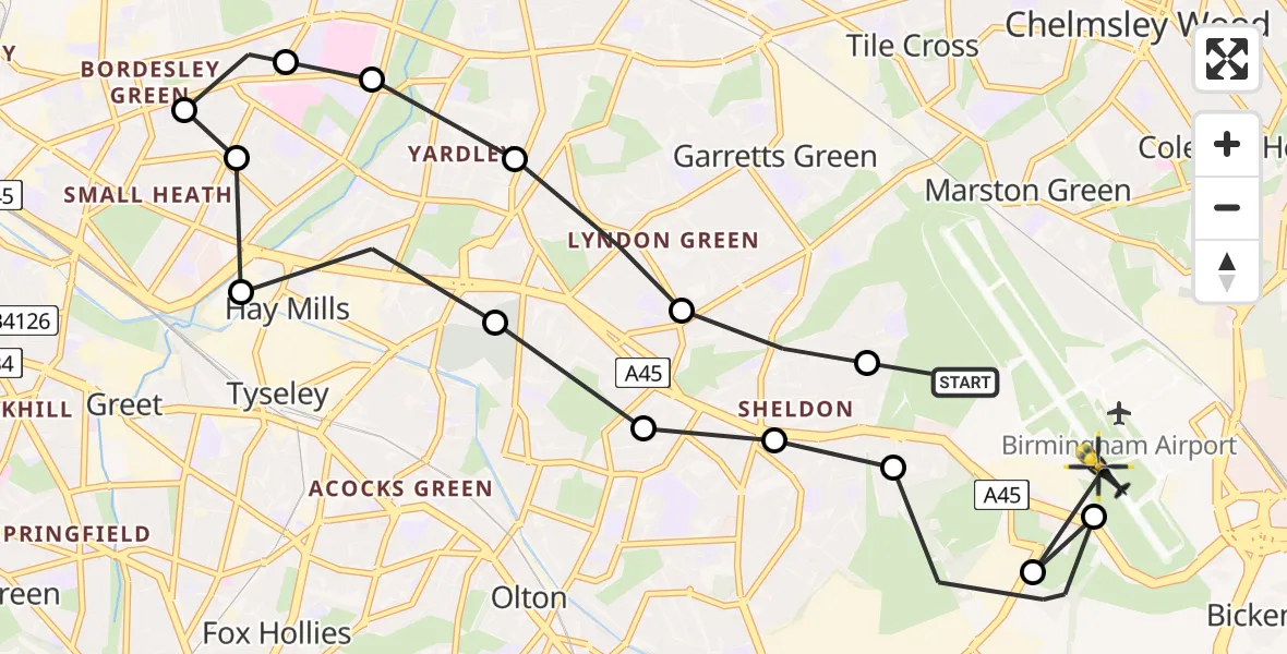 Flight path map showing Police Helicopter route from Birmingham Airport to Birmingham Airport