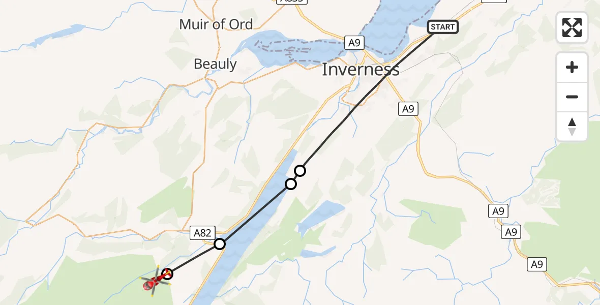 Flight path map showing Air Ambulance Helicopter route from Inverness to Highland