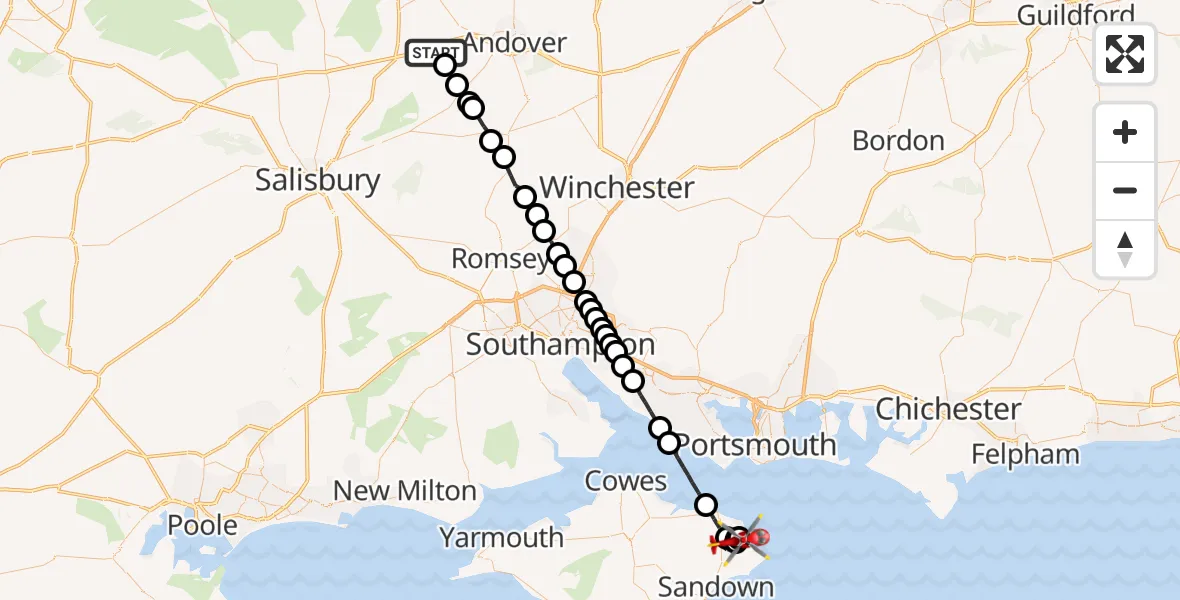 Flight path map showing Air Ambulance Helicopter route from Thruxton Aerodrome to St. Helens