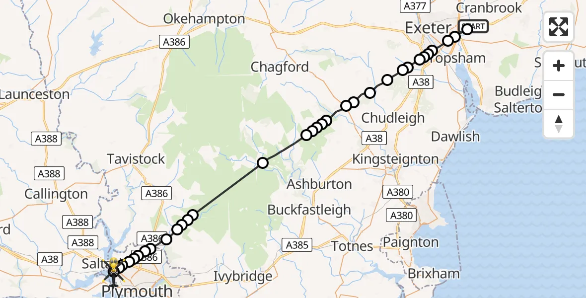 Flight path map showing Police Helicopter route from Exeter International Airport to Barne Barton