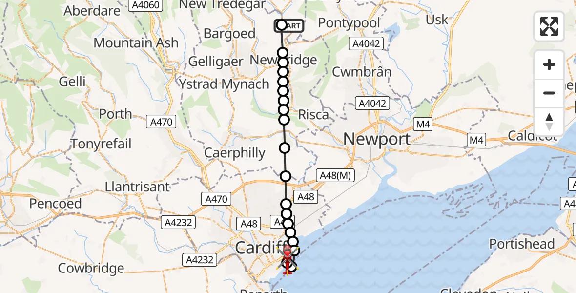 Flight path map showing Air Ambulance Helicopter route from Llanhilleth to Cardiff Heliport