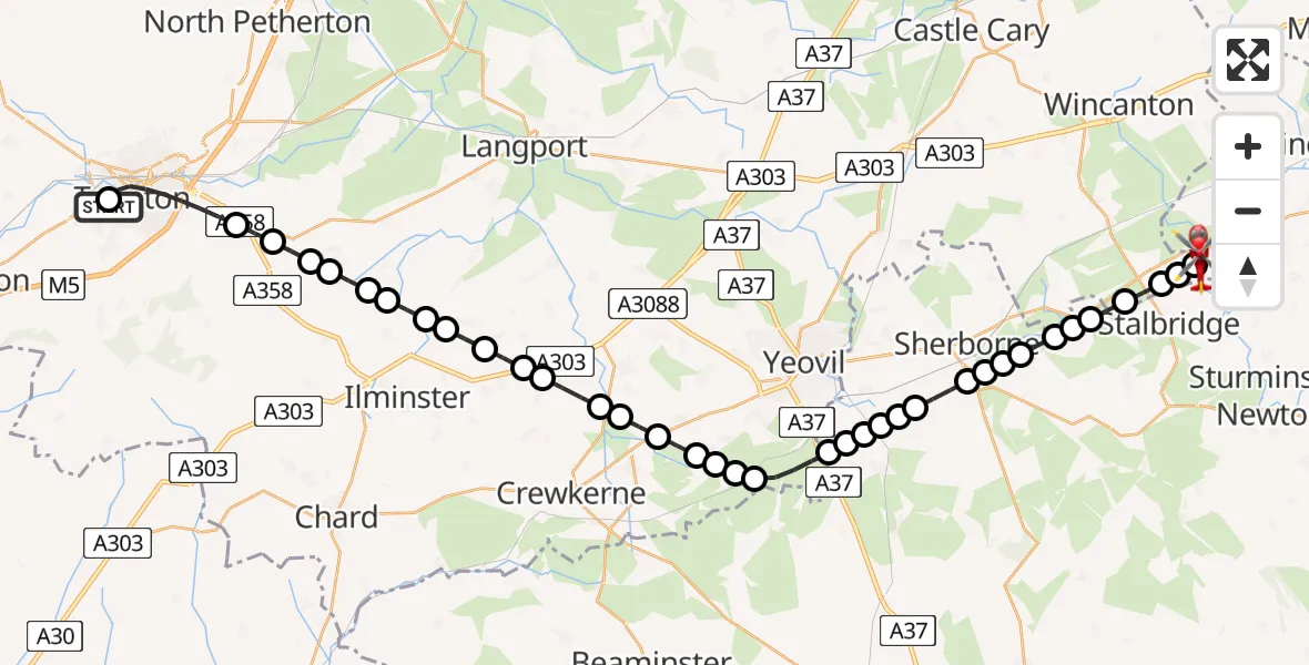 Flight path map showing Air Ambulance Helicopter route from Musgrove Hospital to Henstridge Airfield