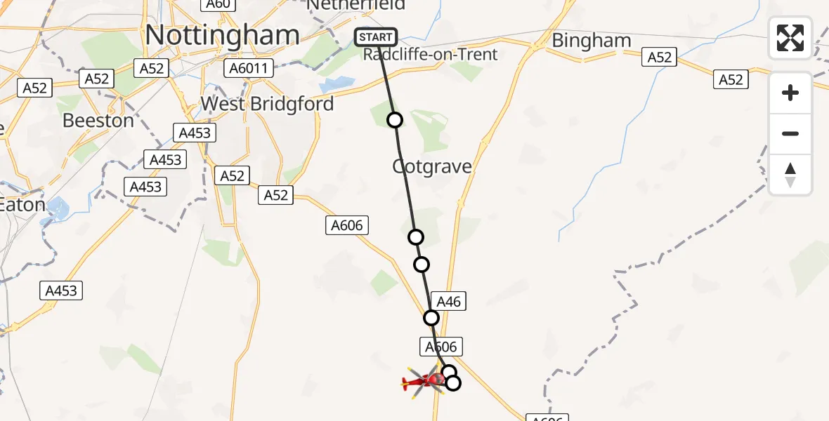 Flight path map showing Air Ambulance Helicopter route from Holme Pierrepont to Widmerpool