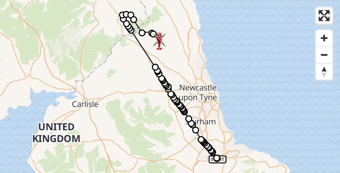 Flight path map showing Air Ambulance Helicopter route from Egglescliffe to Holystone