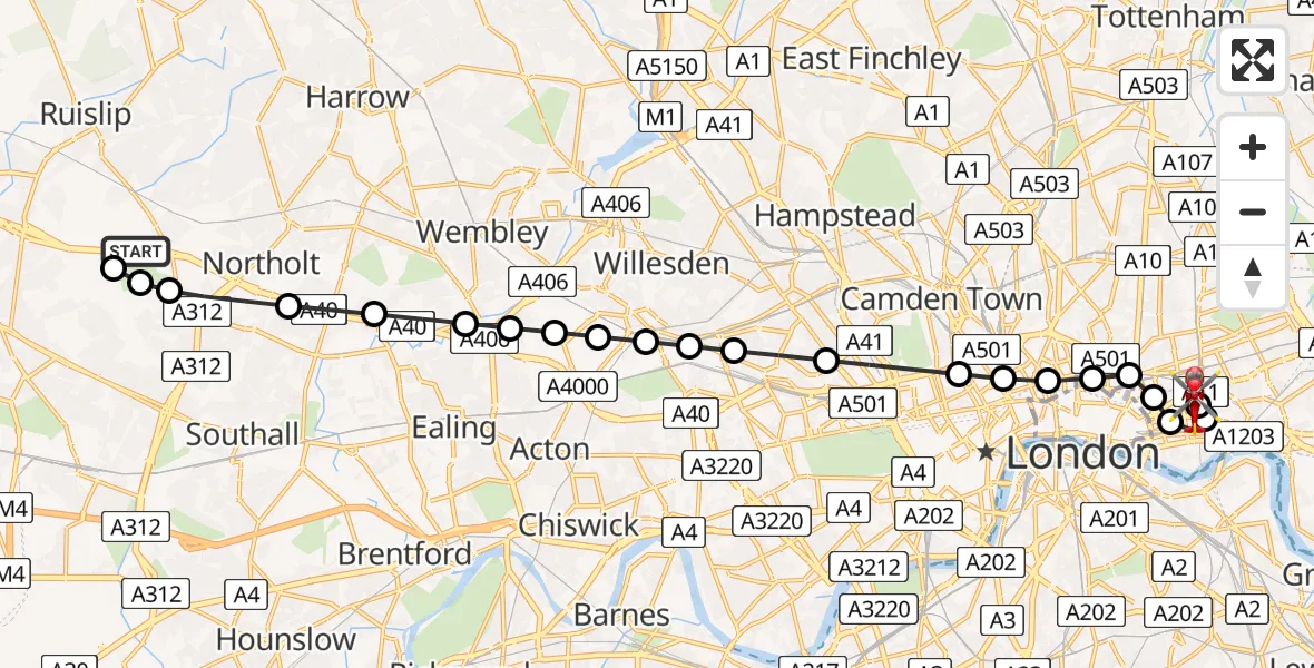 Flight path map showing Air Ambulance Helicopter route from RAF Northolt to Royal London Hospital