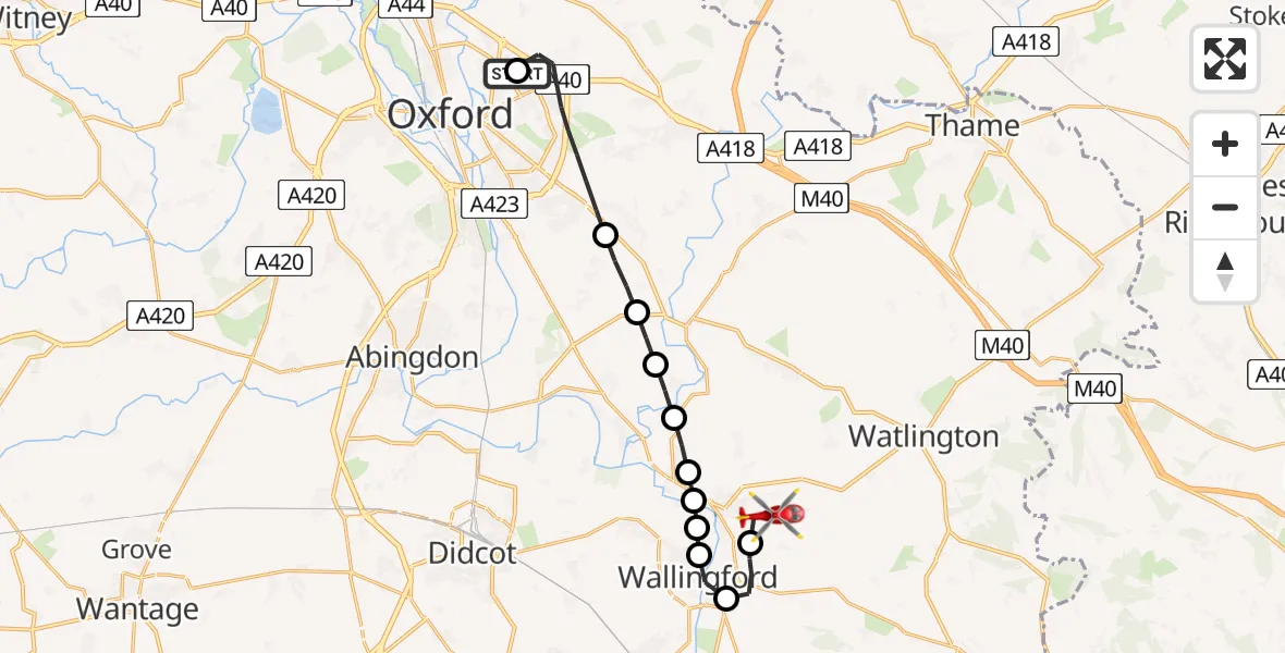 Flight path map showing Air Ambulance Helicopter route from John Radcliffe Hospital to RAF Benson