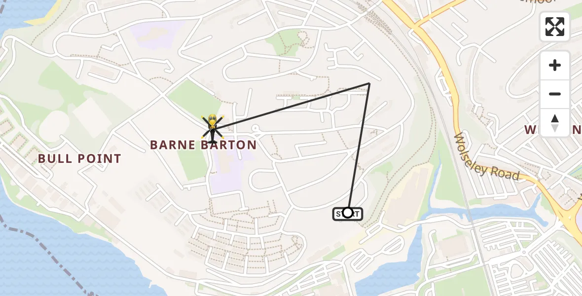 Flight path map showing Police Helicopter route from St Budeaux to Barne Barton