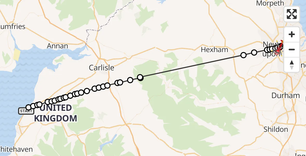 Flight path map showing Air Ambulance Helicopter route from Maryport to Newcastle Royal Victoria Infirmary
