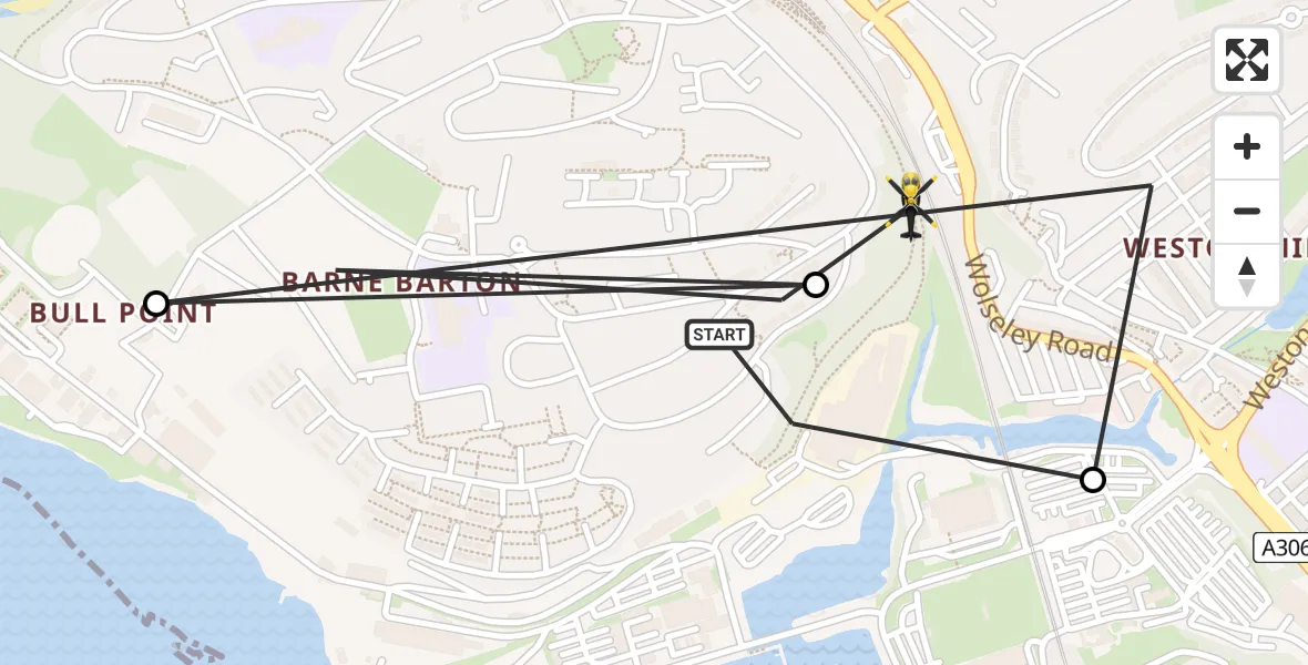 Flight path map showing Police Helicopter route from Barne Barton to St Budeaux