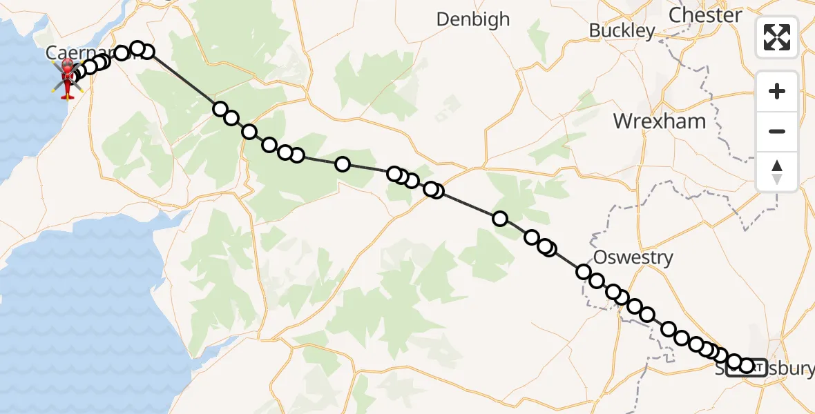 Flight path map showing Air Ambulance Helicopter route from Shrewsbury Royal Hospital to Caernarfon Airport