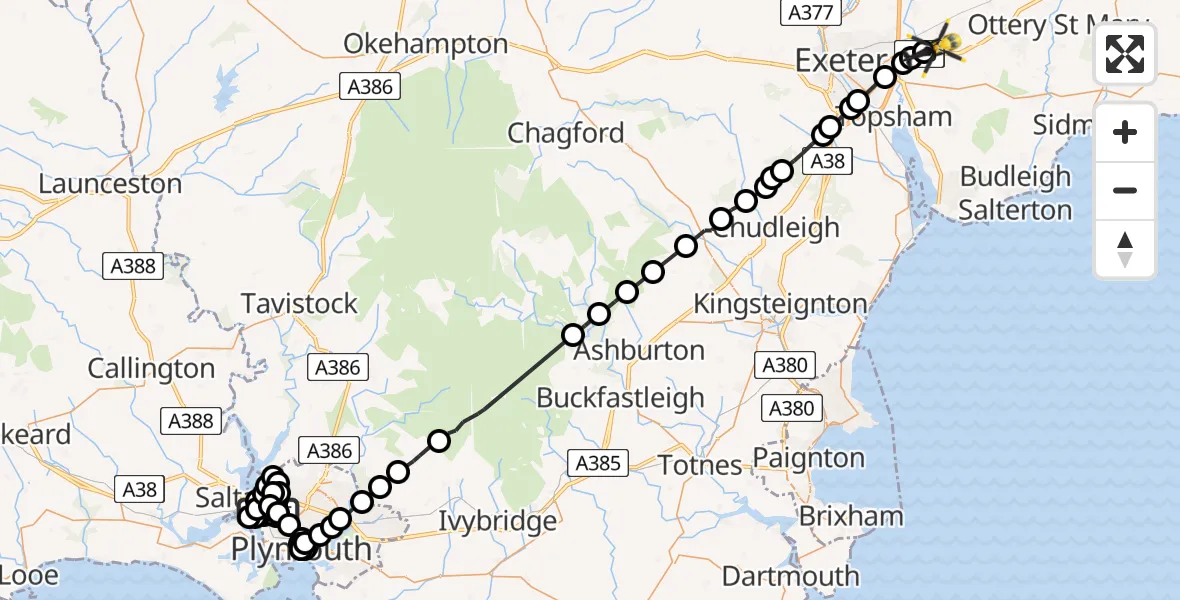 Flight path map showing Police Helicopter route from Weston Mill to Exeter International Airport
