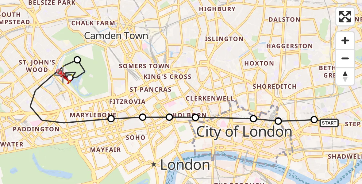 Flight path map showing Air Ambulance Helicopter route from Royal London Hospital to City of Westminster