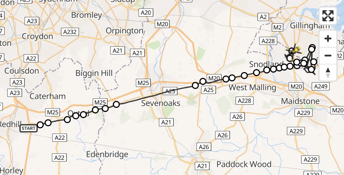 Flight path map showing Police Helicopter route from Nutfield to Rochester Airport