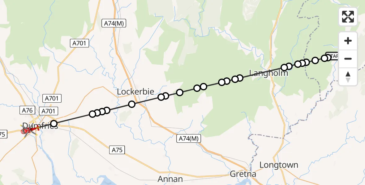 Routekaart van de vlucht: Air Ambulance Helicopter to Dumfries, Castle Douglas Road