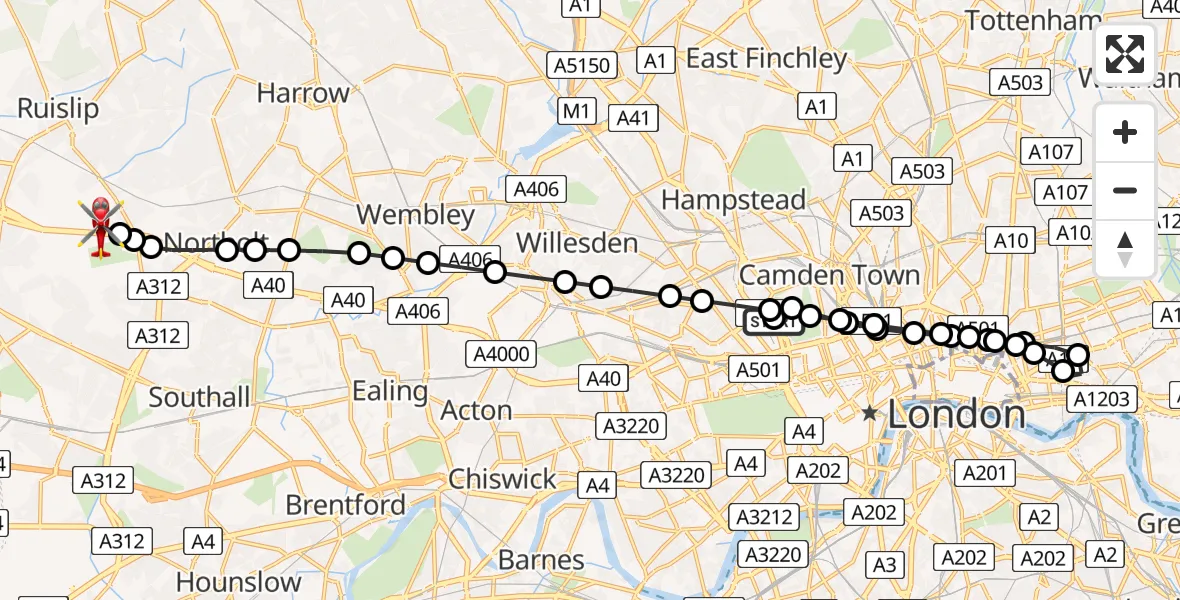 Flight path map showing Air Ambulance Helicopter route from City of Westminster to RAF Northolt