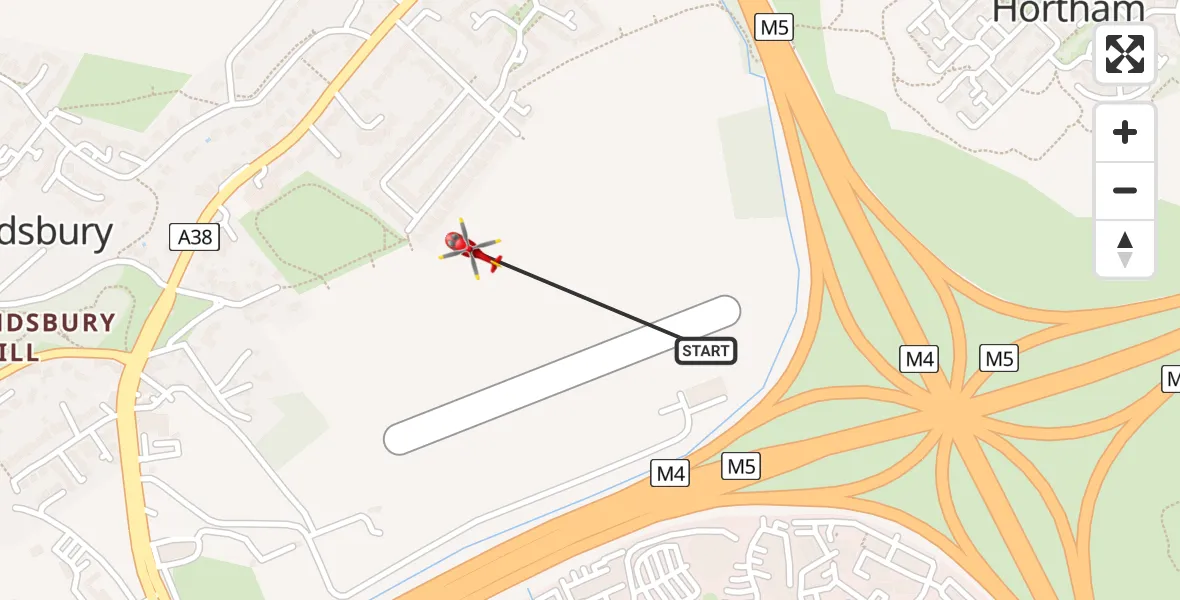 Flight path map showing Air Ambulance Helicopter route from Almondsbury Helicopter Base to Almondsbury Helicopter Base