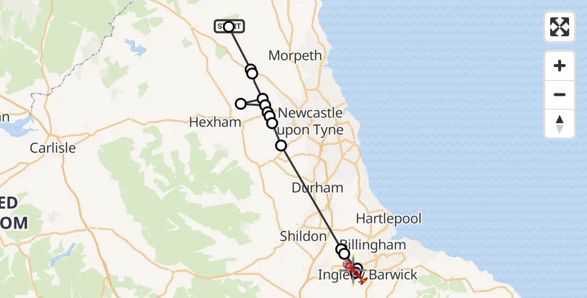 Flight path map showing Air Ambulance Helicopter route from Hepple to Aislaby