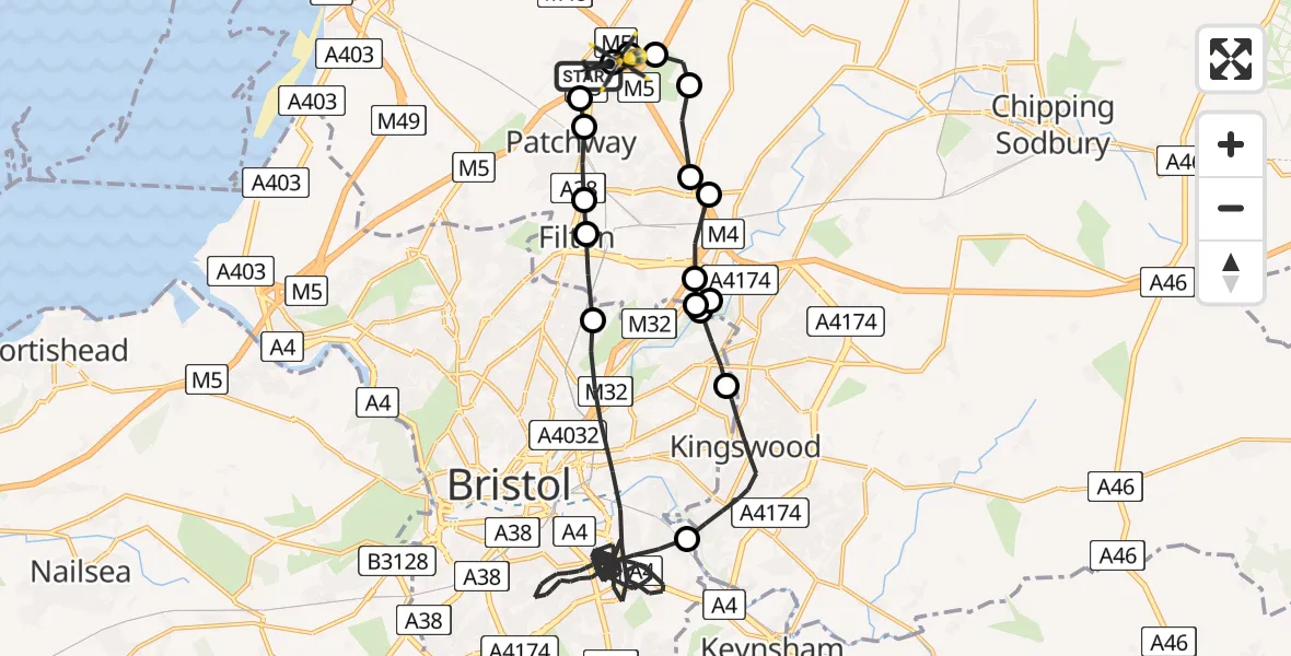 Flight path map showing Police Helicopter route from Almondsbury Helicopter Base to Almondsbury Helicopter Base