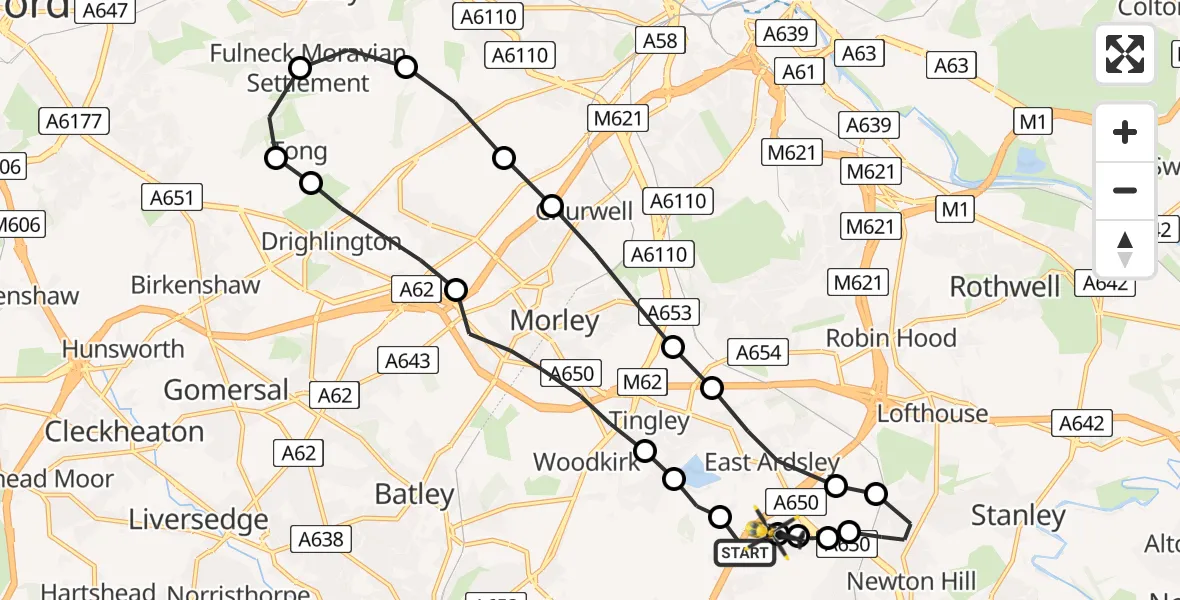 Flight path map showing Police Helicopter route from East Ardsley to Brandy Carr