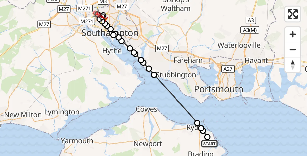 Flight path map showing Air Ambulance Helicopter route from St. Helens to University Hospital Southampton