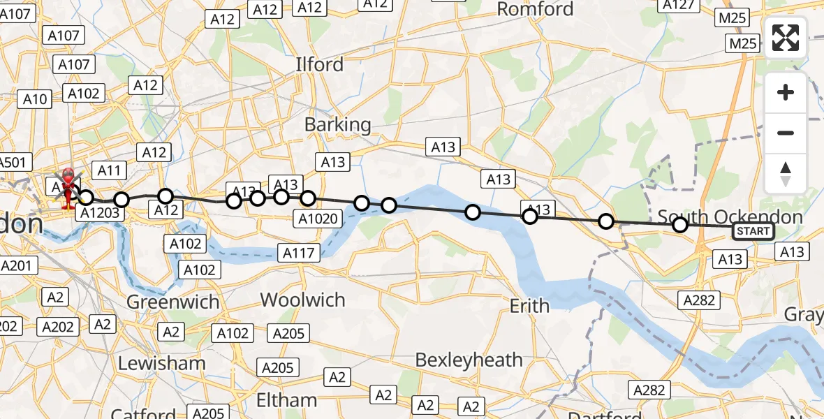 Flight path map showing Air Ambulance Helicopter route from South Ockendon to Royal London Hospital