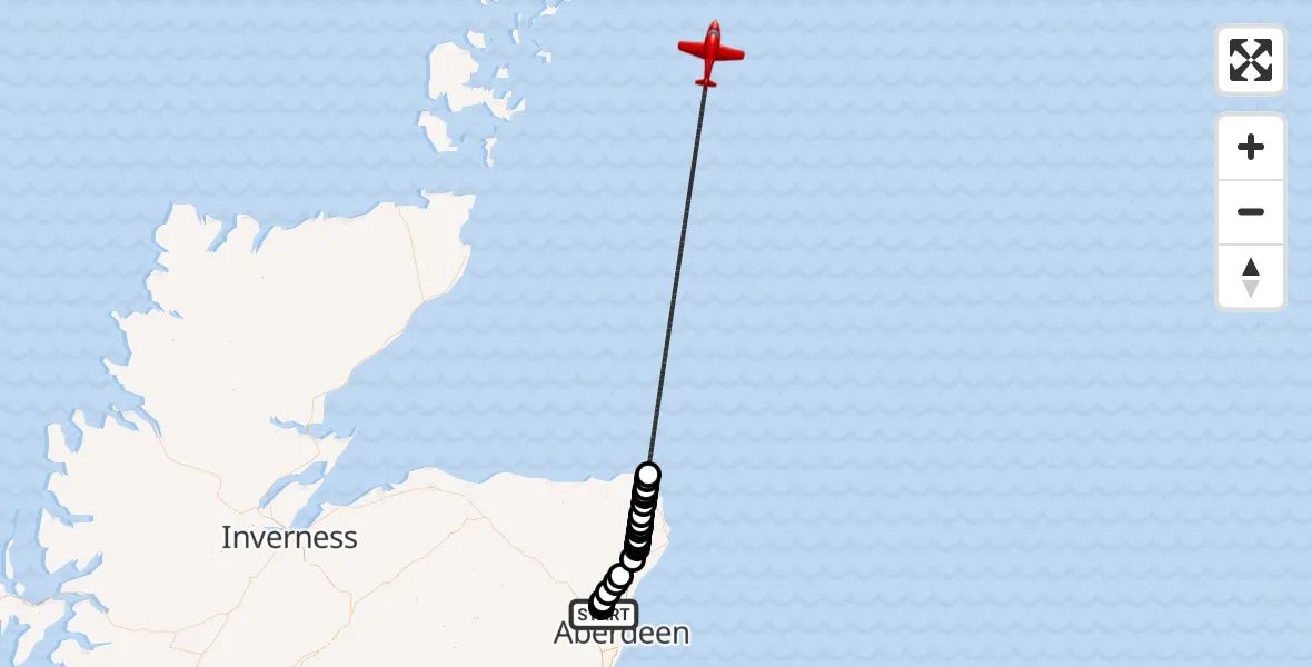 Flight path map showing Air Ambulance Aircraft route from Dyce and Stoneywood to North Sea