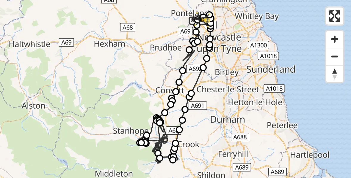 Flight path map showing Police Helicopter route from Newcastle International Airport to Newcastle International Airport