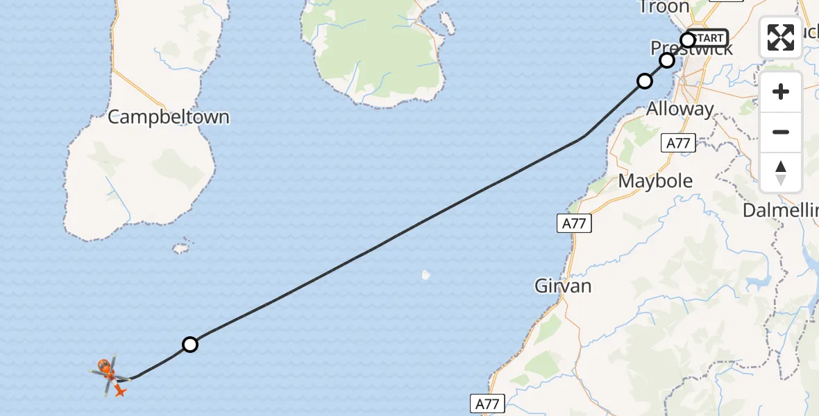 Flight path map showing Coastguard Helicopter route from Glasgow Prestwick Airport to Irish Sea
