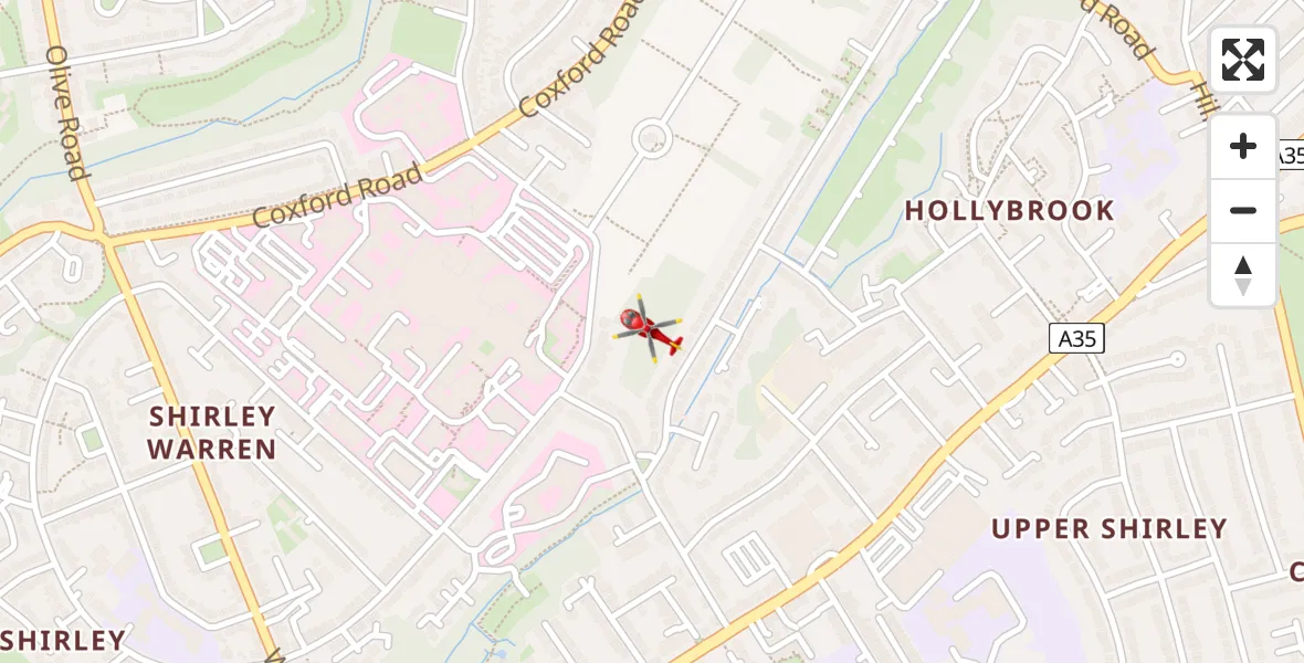 Flight path map showing Air Ambulance Helicopter route from University Hospital Southampton to University Hospital Southampton