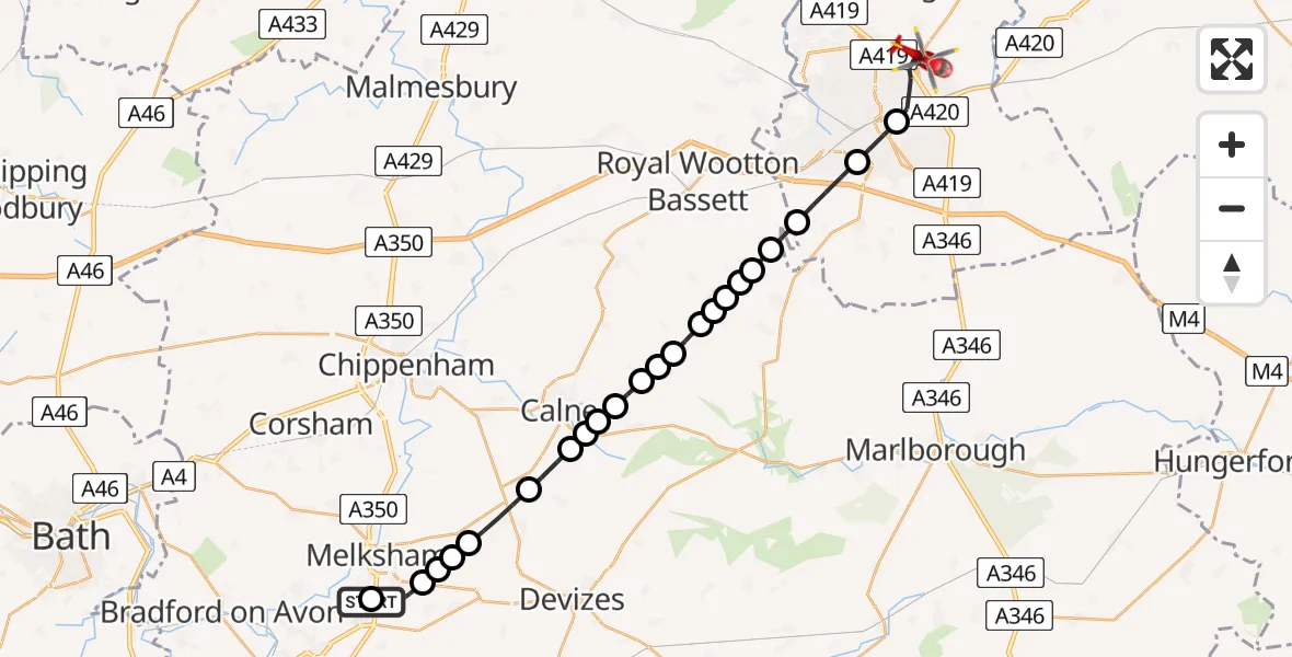 Flight path map showing Air Ambulance Helicopter route from Wiltshire Air Ambulance to Stratton St. Margaret