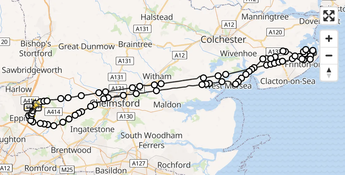 Flight path map showing Police Helicopter route from North Weald Airfield to North Weald Airfield