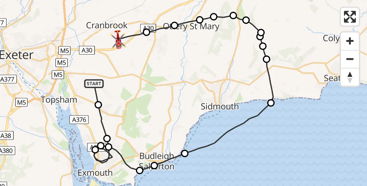 Flight path map showing Air Ambulance Helicopter route from Woodbury Salterton to Rockbeare