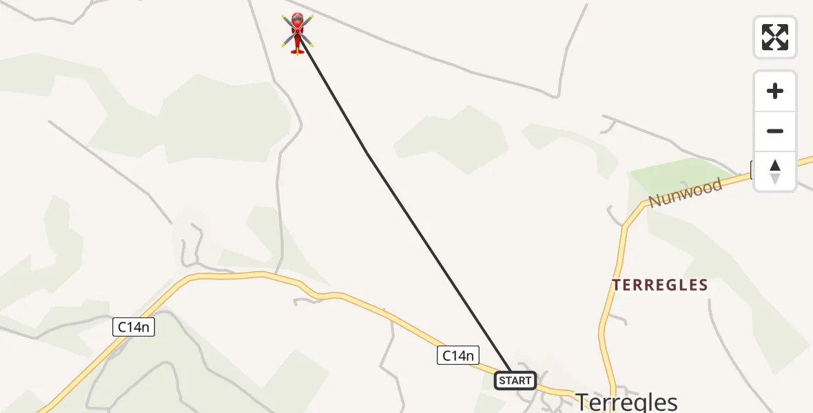 Flight path map showing Air Ambulance Helicopter route from Terregles to Terregles