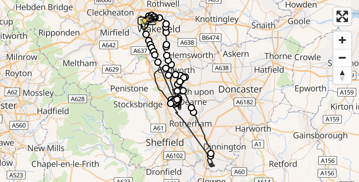 Flight path map showing Police Helicopter route from East Ardsley to East Ardsley