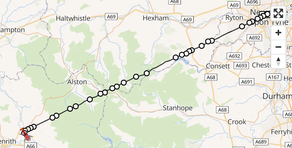 Flight path map showing Air Ambulance Helicopter route from Newcastle Royal Victoria Infirmary to Edenhall