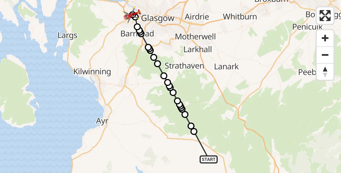Flight path map showing Air Ambulance Helicopter route from Sanquhar to Paisley
