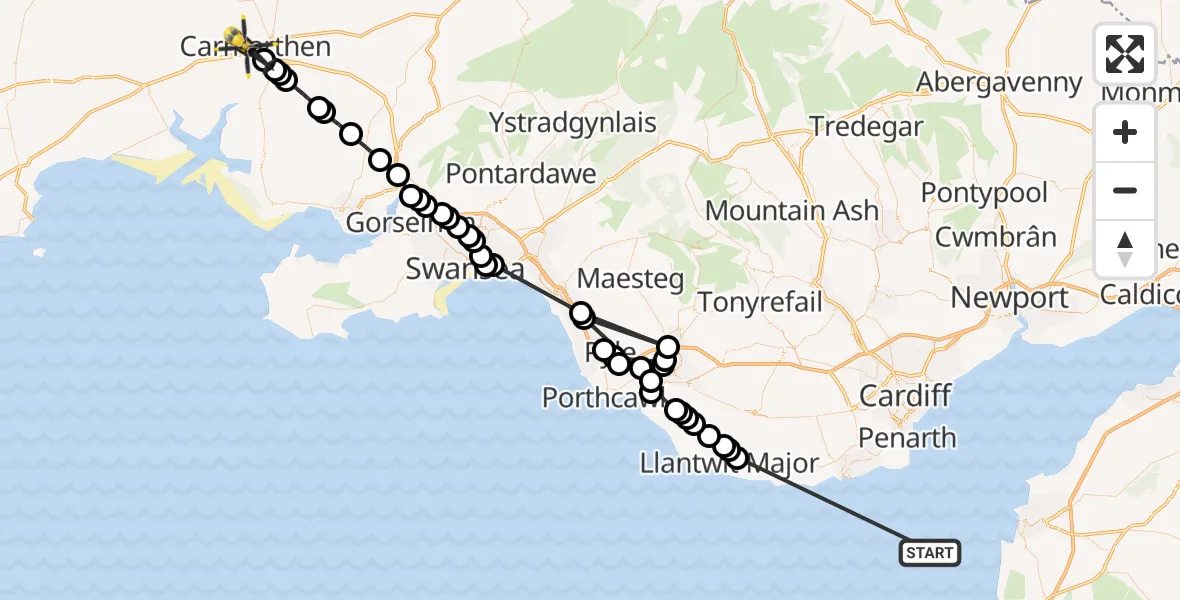 Flight path map showing Police Helicopter route from Bristol Channel to Carmarthen