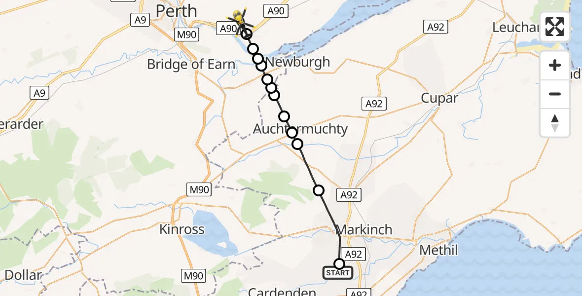 Flight path map showing Police Helicopter route from Thornton to Glencarse