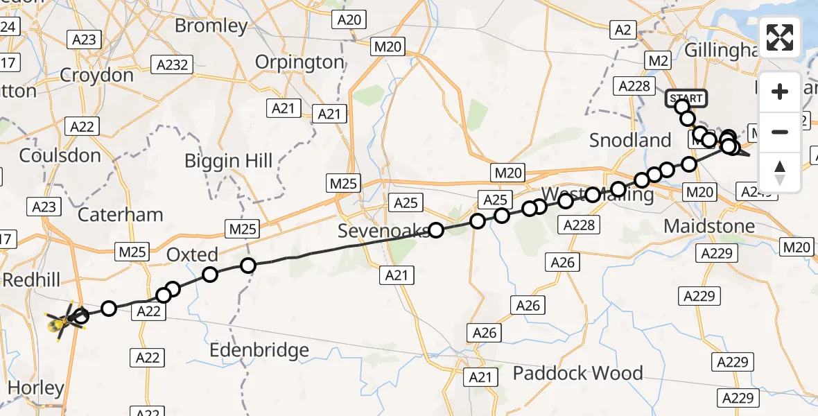 Flight path map showing Police Helicopter route from Rochester to Tandridge