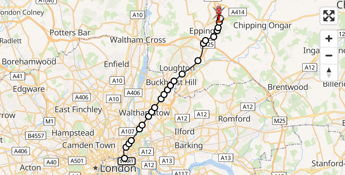 Flight path map showing Air Ambulance Helicopter route from Royal London Hospital to North Weald Airfield