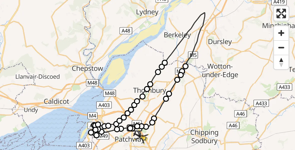 Flight path map showing Police Helicopter route from Almondsbury Helicopter Base to Bristol
