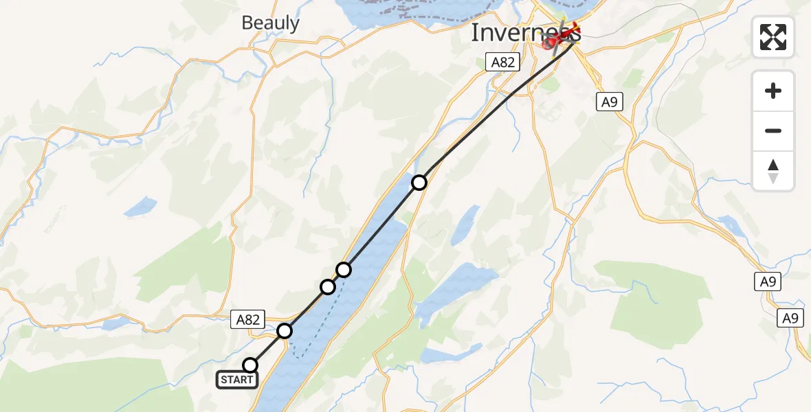 Flight path map showing Air Ambulance Helicopter route from Bunloit to Inverness