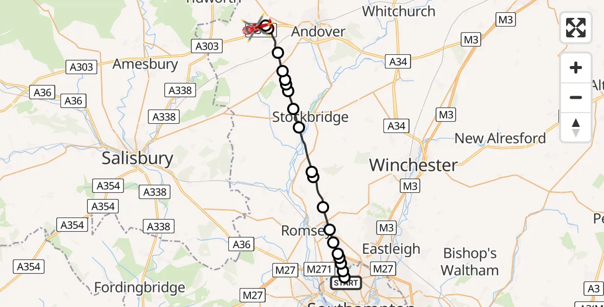 Flight path map showing Air Ambulance Helicopter route from University Hospital Southampton to Thruxton