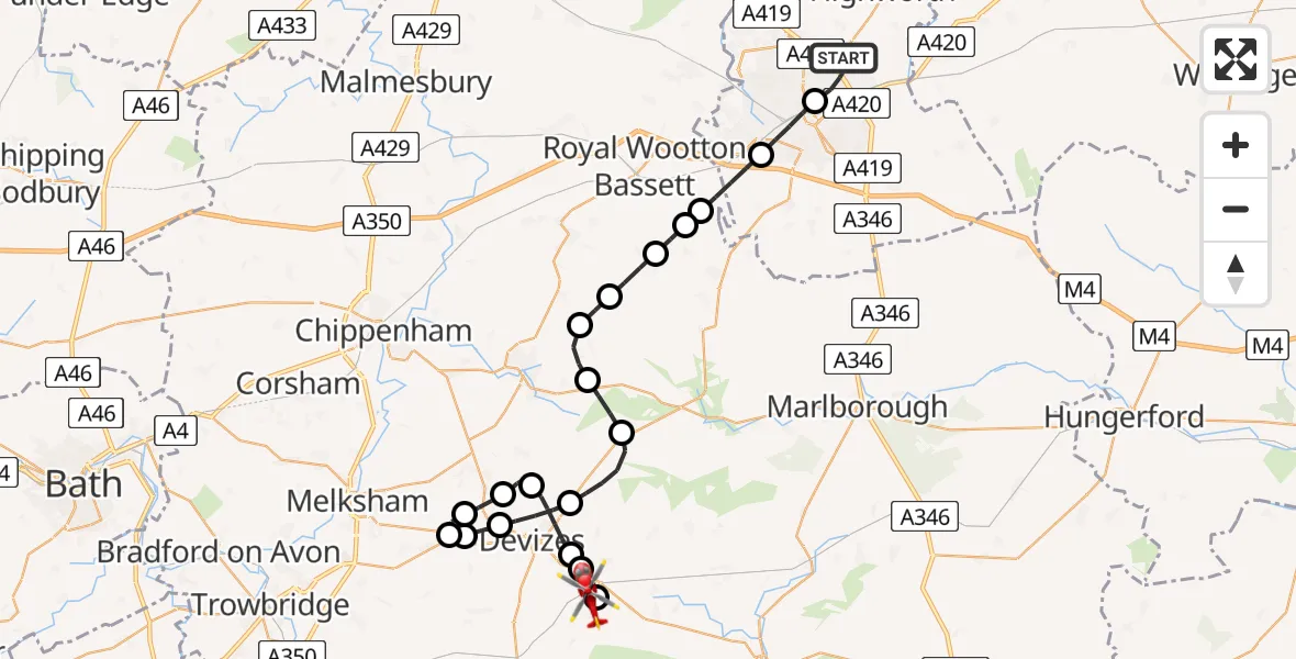 Flight path map showing Air Ambulance Helicopter route from Stratton St. Margaret to Urchfont