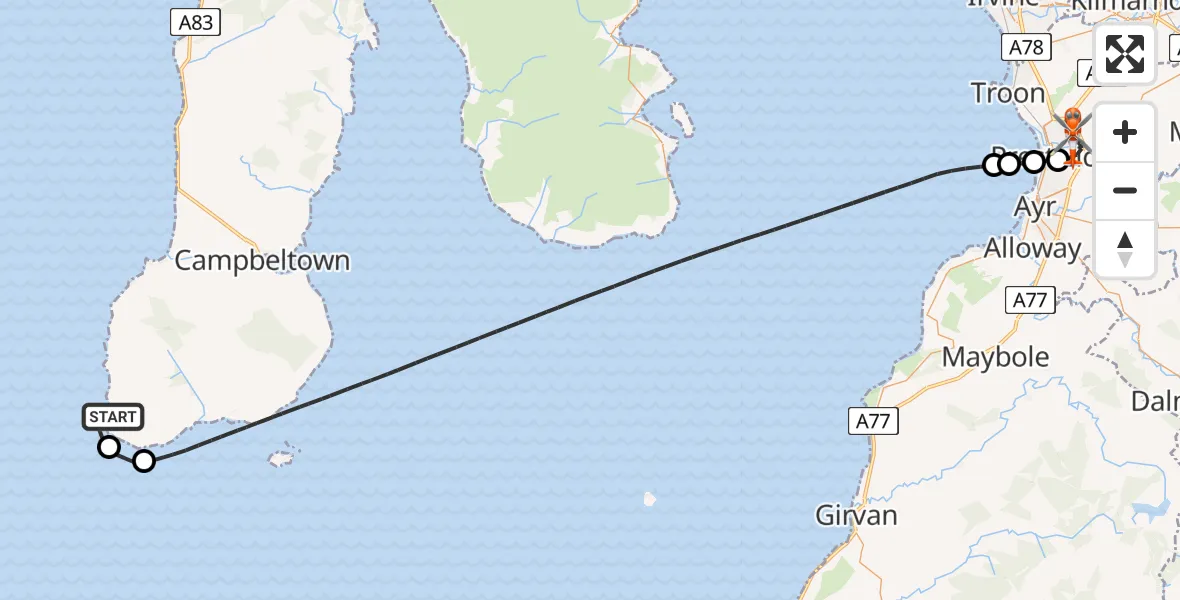 Flight path map showing Coastguard Helicopter route from Inner Seas to Glasgow Prestwick Airport