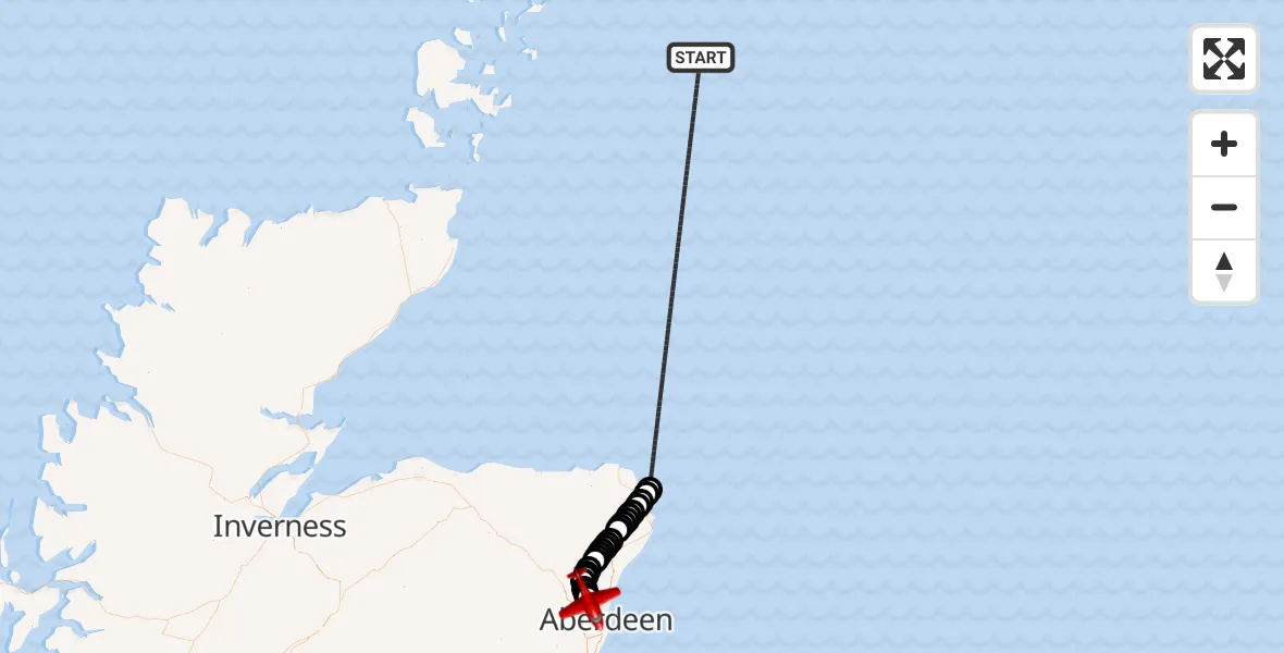 Flight path map showing Air Ambulance Aircraft route from North Sea to Dyce and Stoneywood