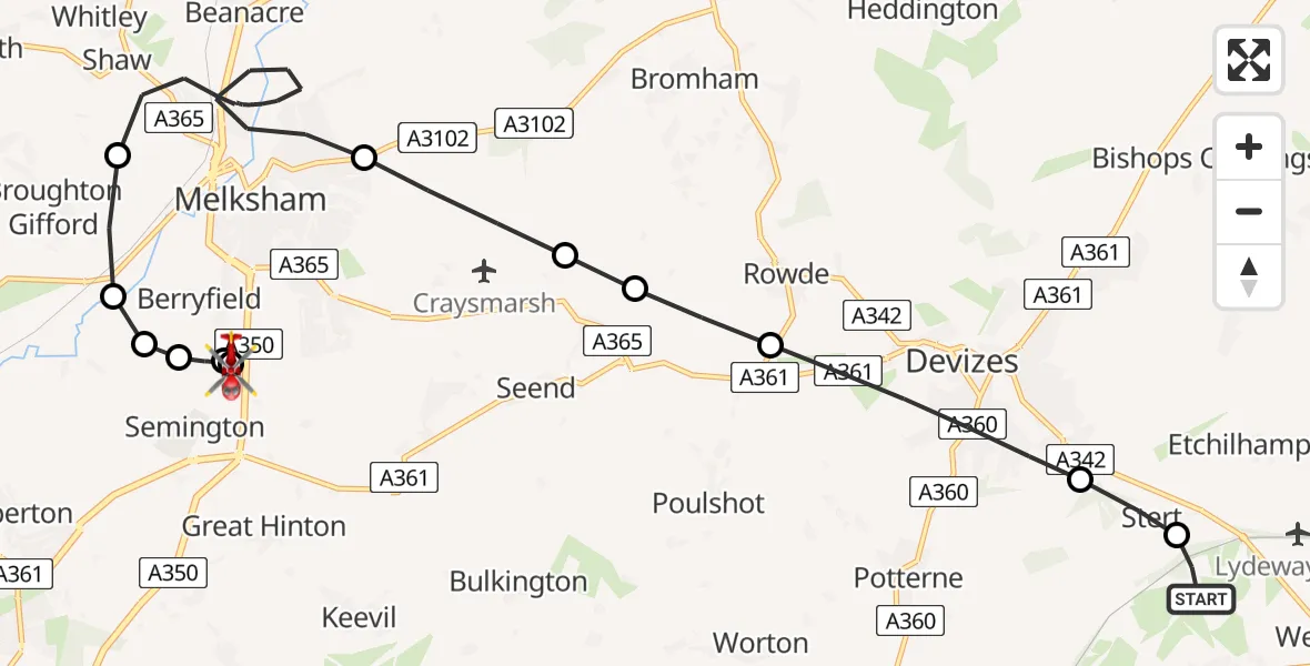 Flight path map showing Air Ambulance Helicopter route from Urchfont to Wiltshire Air Ambulance