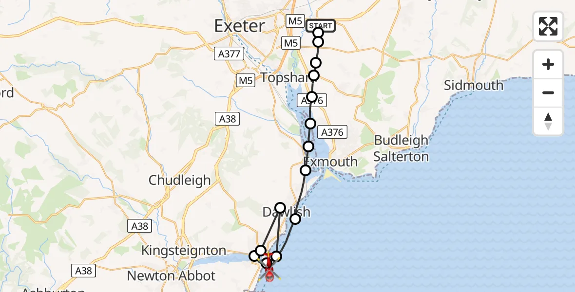 Flight path map showing Air Ambulance Helicopter route from Exeter International Airport to English Channel